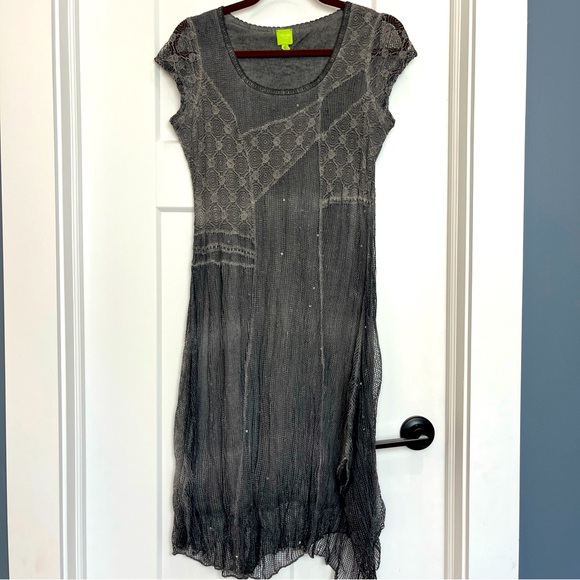 Adam Jacobs Women’s Sz Small Gray Dress Cap Sleeve Mesh Lace Embellishments Midi - Picture 1 of 9